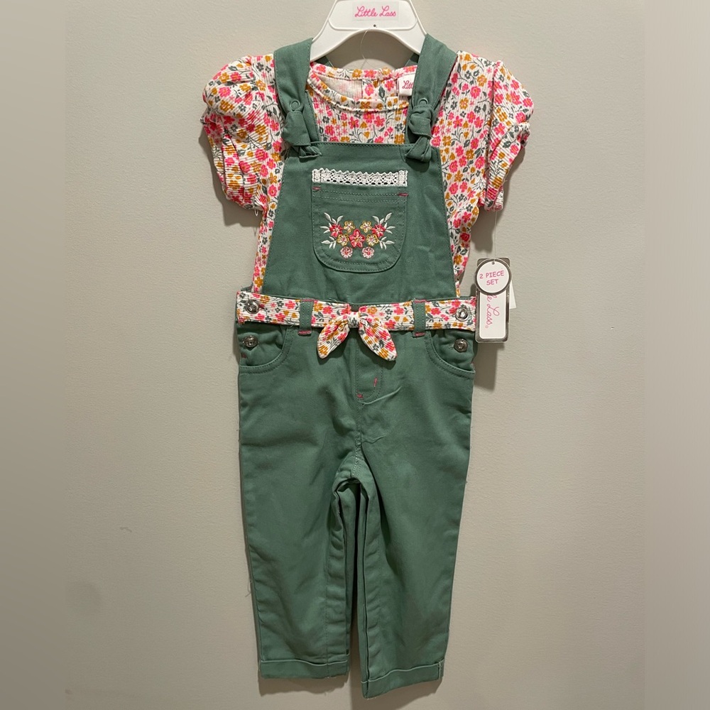 Little Lass Green Overall & Floral Top Set Size 24mo NWT